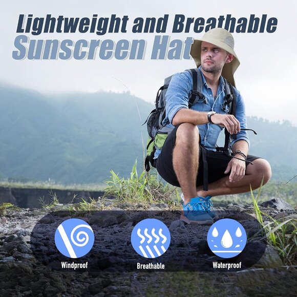 Outdoor Sun Hat for Men with 50+ UPF Protection Safari Cap Wide Brim Fishing Hat - Picture 6 of 7